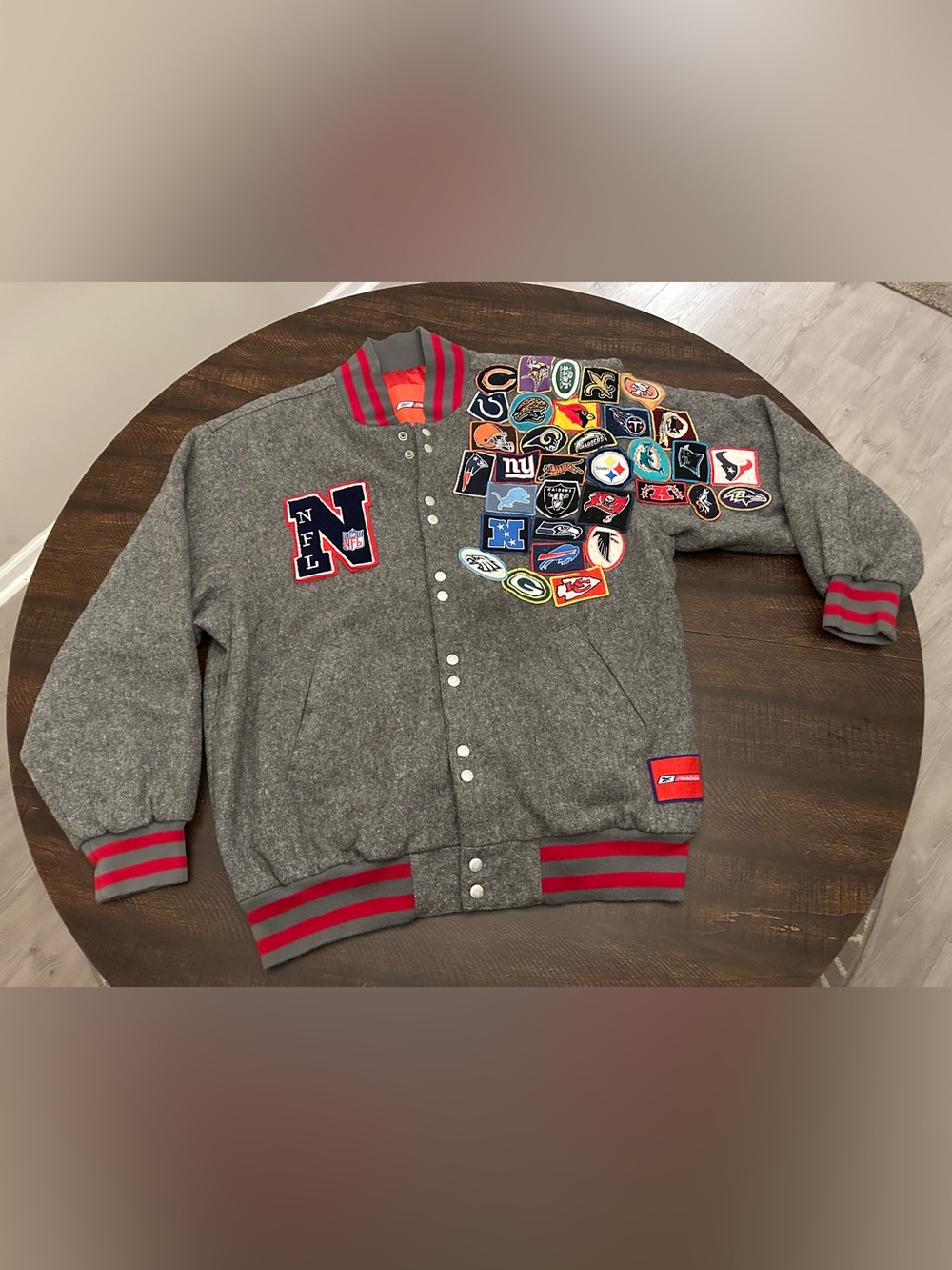 Jeff Hamilton NFL Wool Varsity Team Logo Patch Jacket 2XL Reebok